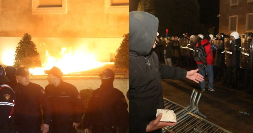 FOTOT/ Protestuesit hodhën gurë dhe shashka në drejtim të Kryeministrisë! Policia shoqëron disa prej tyre