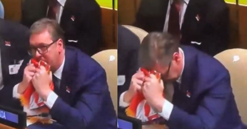 I skuqur në fytyrë dhe me flamurin serb në duar, Vuçiçi i inatosur bëhet viral! Reagimi i tij epik gjatë votimit të OKB për rezolutën kundër gjenocidit në Srebrenicë