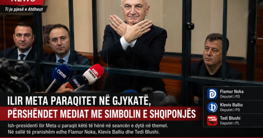 Ilir Meta para gjykatës, përshëndet mediat me simbolin e shqiponjës